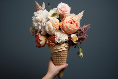 Sweeet Blooms: Woman Delights in Ice Cream Cone Bouquet --ar 3:2の素材