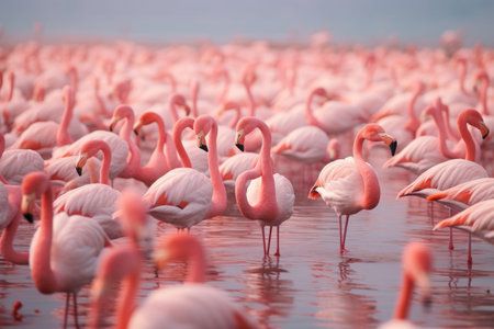 Graceful Flock: Flamingos Adorn the Serene Body of Waterの素材