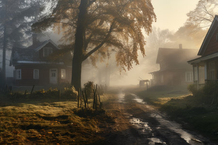 Mystical Mornings: Enchanting Fogs Blanketing Trees and Houses -- AR 3:2の素材