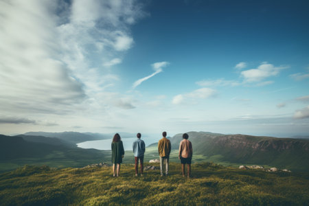 Summit Serenity: A Captivating View of Four Adventurers atop a Grassy Mountainの素材
