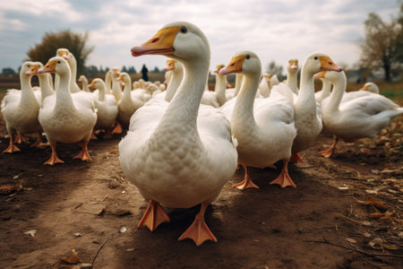 A Picturesque Sight: Capturing the Serene Flock of White Geese in the Countrysideの素材