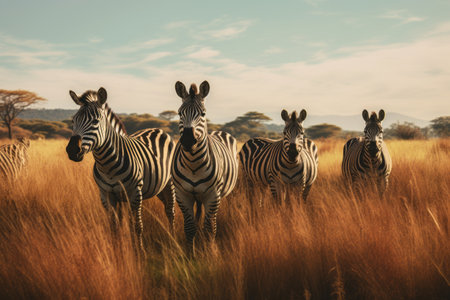 Stripes in Serenity: A Captivating Sight of Five Zebras Gracefully Grazing on a Lush Green Fieldの素材