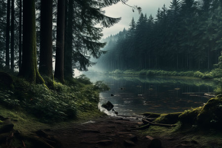 Majestic Reflections: The Enchanting Forest by the Waterの素材