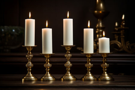Elegant Ambiance: Four White Tealight Candles Enhance Brass-colored Candlesticksの素材