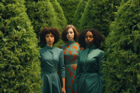 Feminine Unity Amidst Vibrant Greenery: Four Women in Front of Green Bushes â AR 3:2の素材