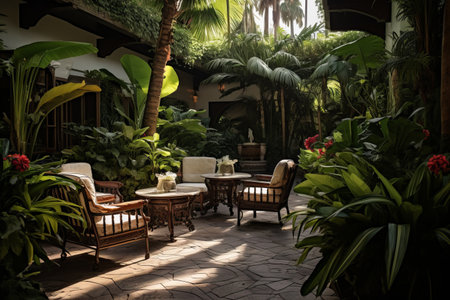 Tropical Paradise: Vibrant Exotic Plants Flourishing in Resort Patioの素材