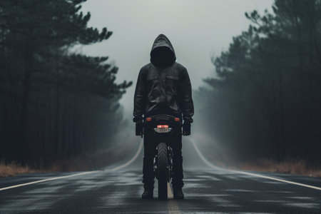 The Enigmatic Road Warrior: Captivating the Essence of a Faceless Biker on the Open Roadの素材