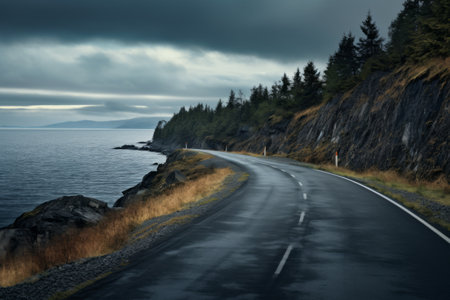 Serene Solitude: A Scenic Empty Road Along the Waterfrontの素材