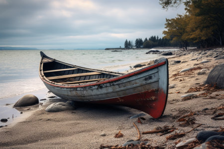 Mystical Serenity: Gray Canoe Beside the Neather Sea Shore - AR 3:2の素材