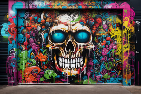 Daring Street Art: Colorful Skull Graffiti Adorns Locked Roll Down Black Doorの素材