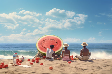 Diversity Unites: Joyful Travelers Enjoying Watermelon on the Ocean Beachの素材