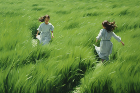 Vibrant Girls Embarking on a Joyful Journey across a Lush Green Grass Field --ar 3:2の素材