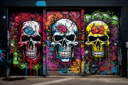 Funky Skull Graffiti Unlocks Secrets on Black Door -- ar 3:2の素材