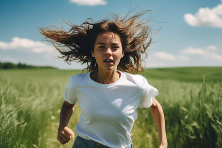 Vibrant Freedom: A Girl in a White T-shirt and Blue Shorts Gently Sprints Across a Lush Green Meadowの素材
