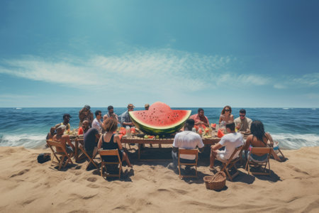 Diverse Delights: Joyful Travelers Unite for Watermelon Feasts on the Ocean Beach!の素材