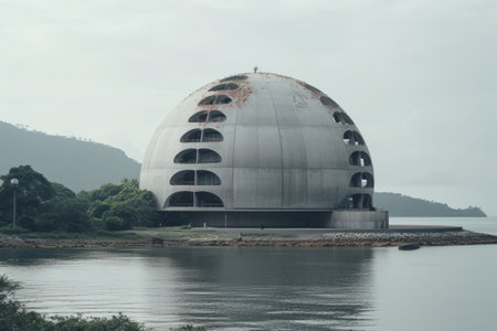 Aesthetically Pleasing Gray Concrete Dome Building Overlooking Serene Body of Waterの素材