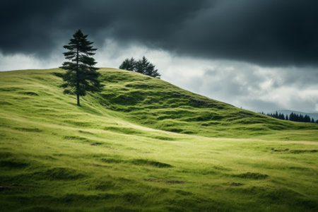 Majestic Cloud-Covered Hill: A Stately Blend of Grass and Pine Treesの素材