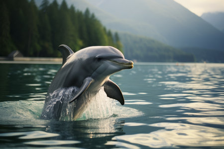 Captivating Portrait: Graceful Gray Dolphin Gliding on Serene Body of Water - AR 3:2の素材