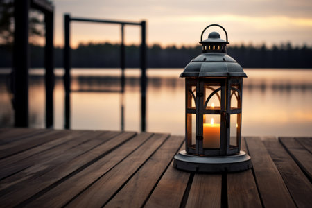 Serene Glow: A Gray Metal Candle Lantern casting its Warm Light on a Boat Dock --ar 3:2の素材