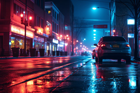 Nighttime Magic: Mesmerizing Glowing Neon Lights Illuminate the Streets, Adorned with Parked Cars --の素材