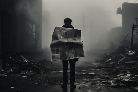 Ink and Shadows: A Captivating Grayscale Portrait of a Newspaper-Clad Figure - AR 3:2の素材