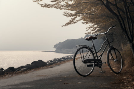 Coastal Serenity: A Gray Commuter Bike Rests Peacefully by the Seaの素材