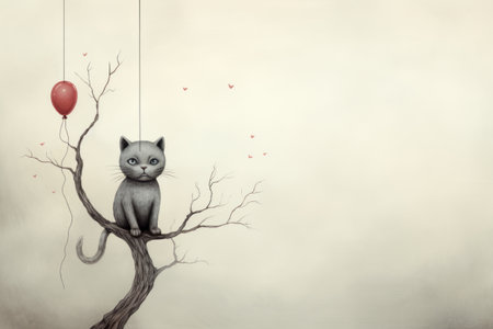 Feline Adventurer: Serene Gray Cat Perched on Tree Branch with Balloon in Sight --ar 3:2の素材