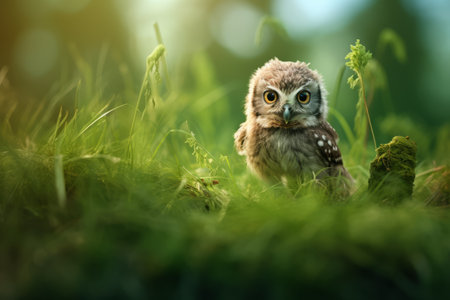 Majestic Athene Cunicularia: A Graceful Owl in the Lush Green Meadow (Aspect Ratio 3:2)の素材