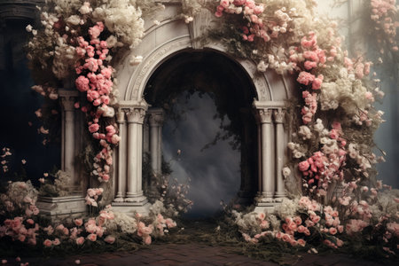 Blossoming Surroundings: A Graceful Gray Concrete Triumphal Arch amidst Flowersの素材