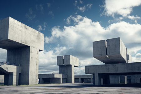 Stark Gray Concrete Structures Amidst Dynamic Blue and White Cloud-Filled Horizonの素材