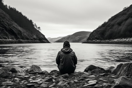Mysterious Figure Contemplating by the Waterside in Monochromeの素材