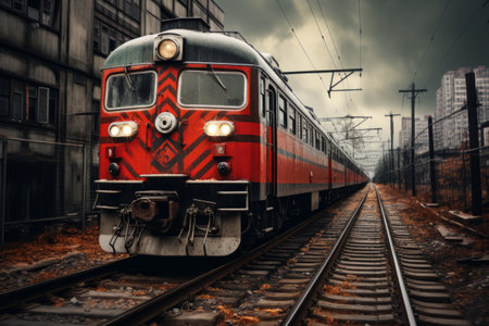 Exploring the Urban Landscape: The Gray and Red Rail Train - Artistic Capture in 3:2の素材
