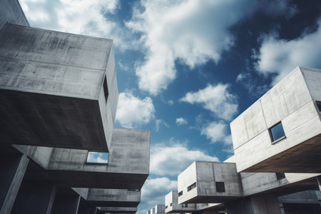 Captivating Contrast: Gray Concrete Buildings Under a Dramatic Blue and White Cloudy Skyの素材