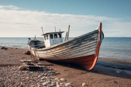 Serene Seascape: A Gray and Brown Boat Docking on the Seashoreの素材