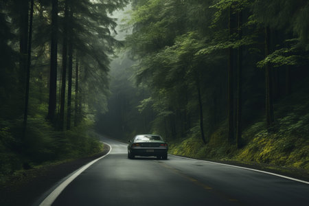 The Striking Sight of a Gray Car amidst Lush Green Trees on the Expressway --ar 3:2の素材