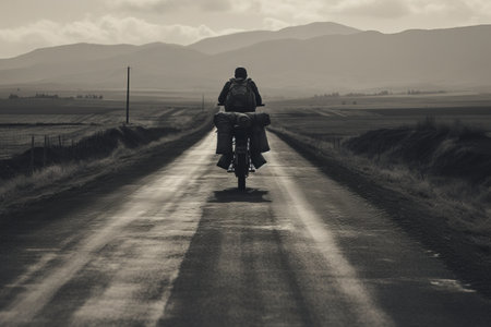 Mysterious Man Embarking on a Road Adventure: A Grayscale Motorcycle Journeyの素材