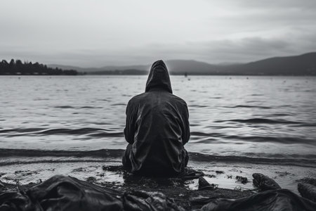 Waterfront Serenity: Capturing the Elegance of a Hooded Man in Gray Scale - AR 3:2の素材