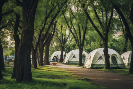 Naturally Serene: Canopy of Green and White Tents Amongst Towering Treesの素材