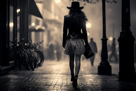 Captivating Monochrome Image: Mysterious Woman Strolling down the Streetの素材