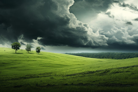 Naturally Enchanting Landscape: Green Field and Trees Beneath a Dreamy Cloudy Sky --ar 3:2の素材