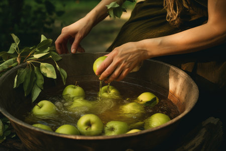 Garden Harvest: Woman Gently Cleanses Fresh Green Apples in Rustic Wooden Basinの素材