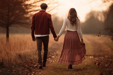 A Sweet Stroll: Capturing the Romance of a Couple Walking Hand-in-Hand --ar 3:2の素材