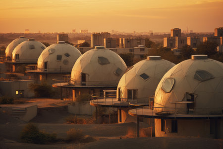Captivating Concrete Dome Buildings Gleaming in Golden Hour: A Breathtaking AR 3:2 Experienceの素材