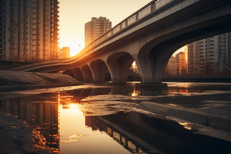 Glowing Bridge amidst Urban Skyscrapers: Capturing the Golden Hour beauty in 3:2 Aspect Ratioの素材