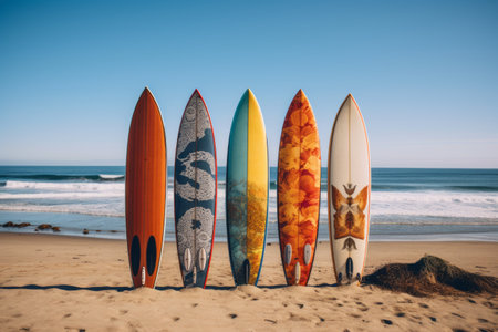 Vibrant Surfboard Collection Adorning the Beach --ar 3:2の素材