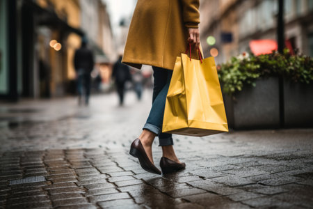 Mystery Unveiled: Enigmatic Woman Abandons Shopping Bag on Urban Streetの素材
