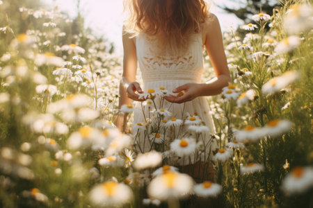 Meadow Serenade: A Faceless Woman Embracing the Beauty of Bellis Perennisの素材