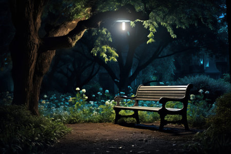 Midnight Solitude: Capturing an Empty Bench in a Night Gardenの素材