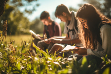 Enchanting Union: Unidentified Students Flourishing in a Grassy Meadow --ar 3:2の素材