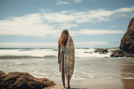 Graceful Female Embracing the Waves with Surfboard on Seashore --ar 3:2の素材